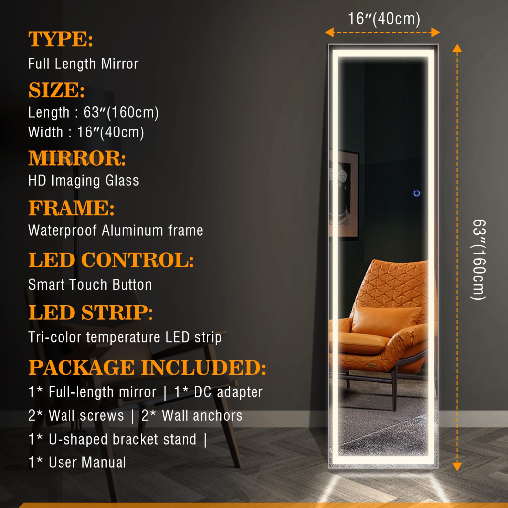 LED 全身镜（触摸调光，3000–6000K） - image 4