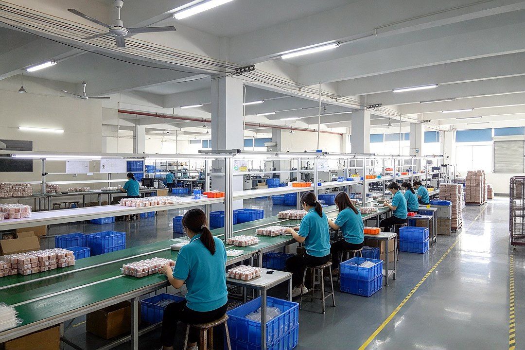 Material racks, turnover boxes, and workbenches, with workers operating at workstations in the background