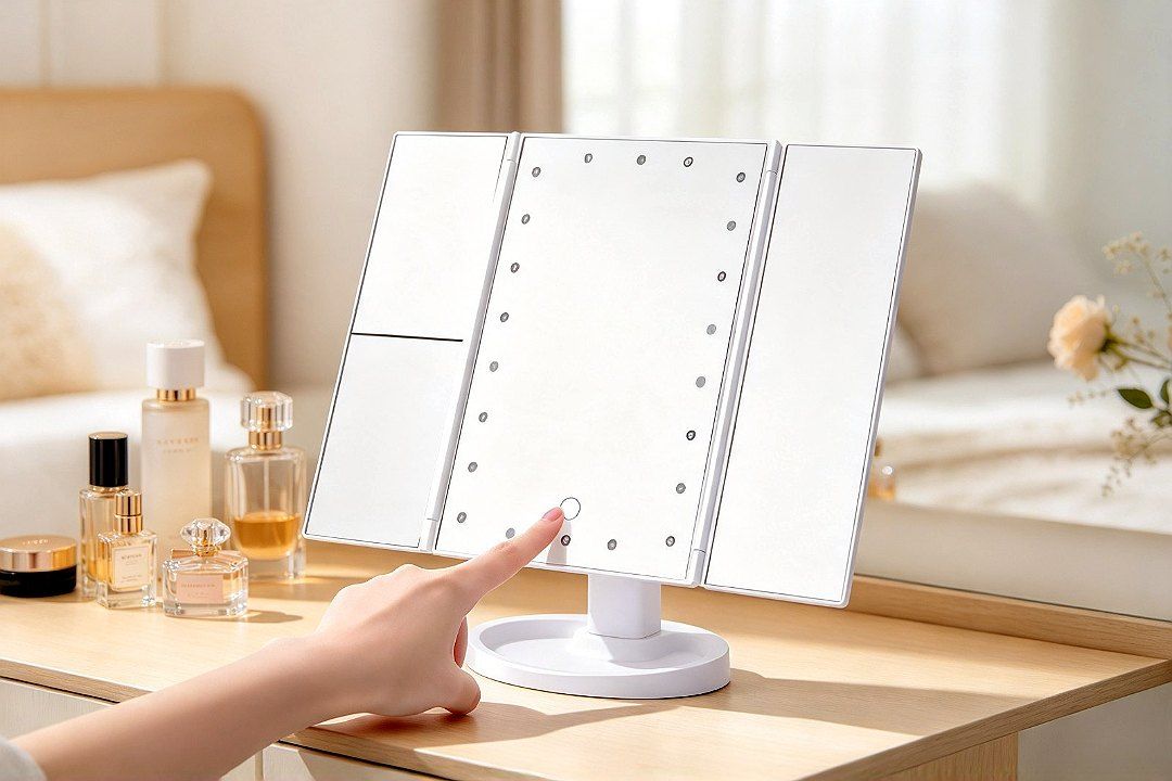 LED Trifold Makeup Mirror TCMM-10 in use · Professional Studio Style: switch…