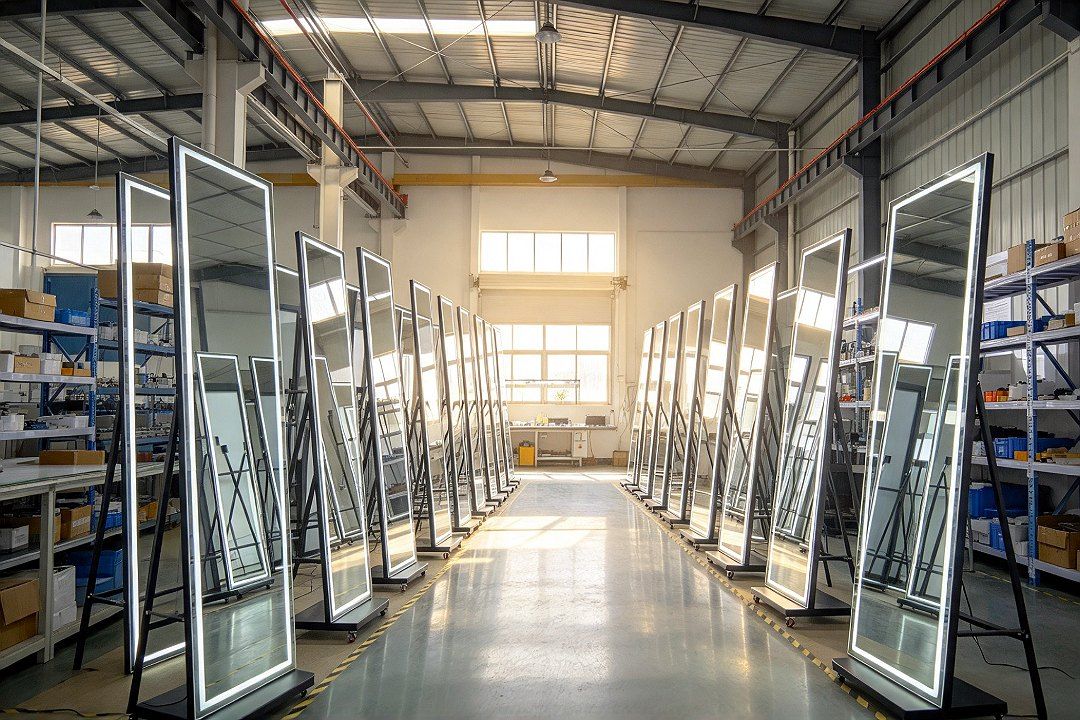 Another angle of bulk power-on testing of LED full-length mirrors, with rows of mirror light strips lit up and the workshop in the background…
