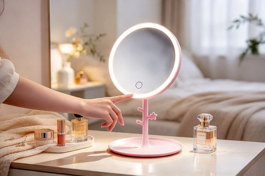 LED Round Makeup Mirror TCMM-22 in use · Cream Cozy Style: switch…