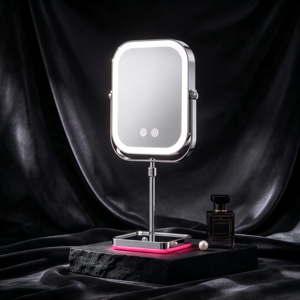MM-S square LED makeup mirror lit on black stone against dark velvet