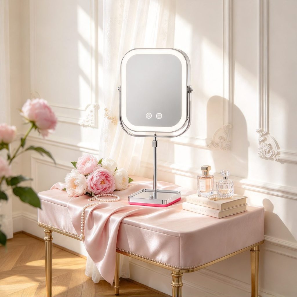 MM-S LED makeup mirror on a French-style dressing table with peonies and pearls