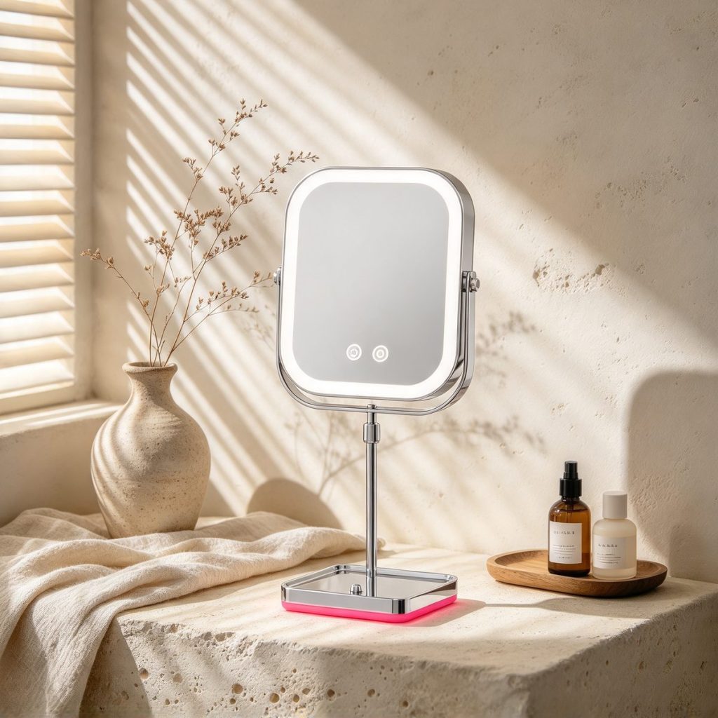 MM-S LED makeup mirror on a travertine counter in slatted window light