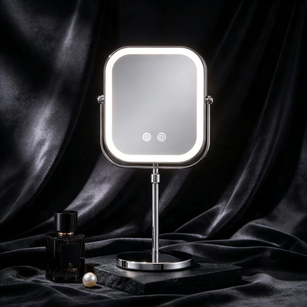 MM-S1 double-sided LED mirror lit on black stone against dark velvet
