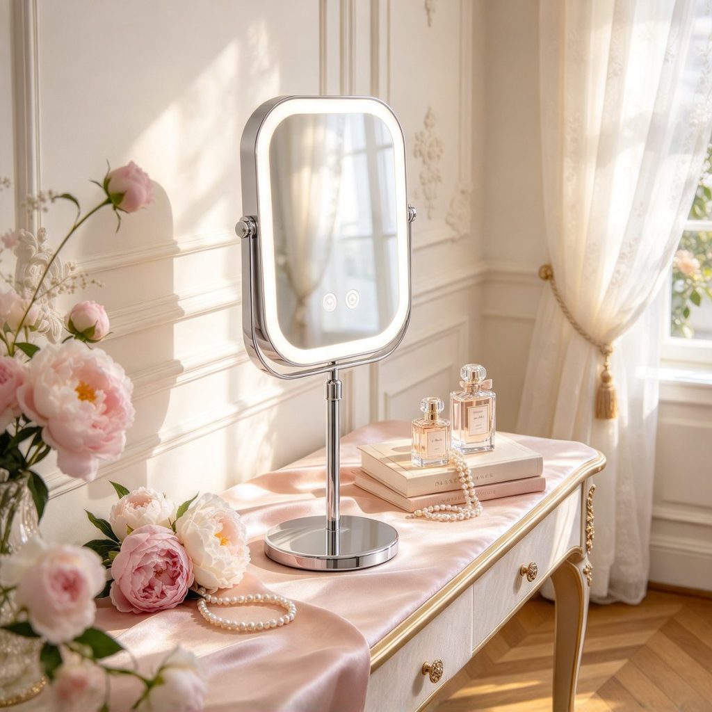 MM-S1 LED mirror on a French-style dressing table with peonies
