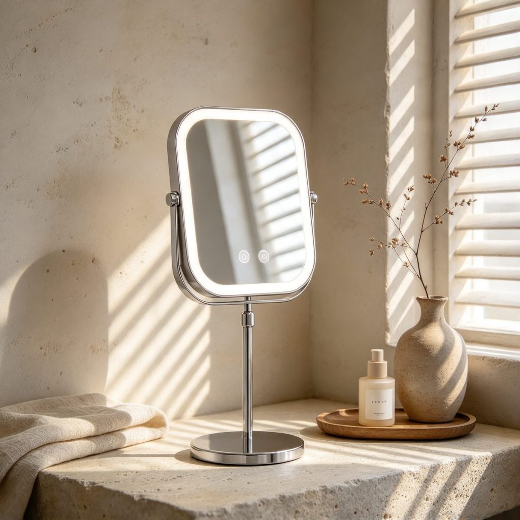 MM-S1 LED mirror on a travertine counter in soft window light