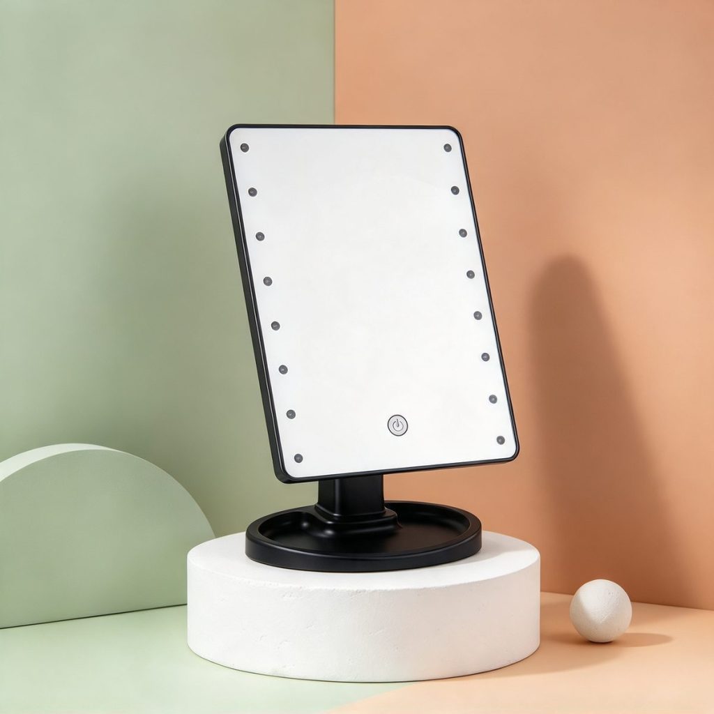 TCMM-09 lighted makeup mirror on a plaster plinth against sage and terracotta