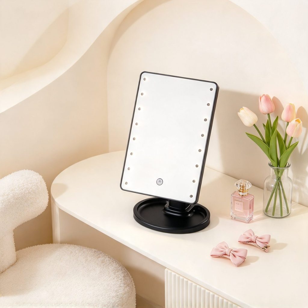 TCMM-09 lighted mirror on a cream-colored dressing table with tulips