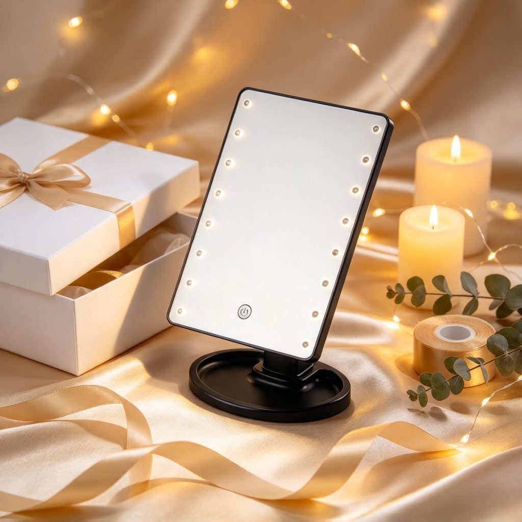 TCMM-09 lighted makeup mirror in a holiday gift setting with satin ribbon
