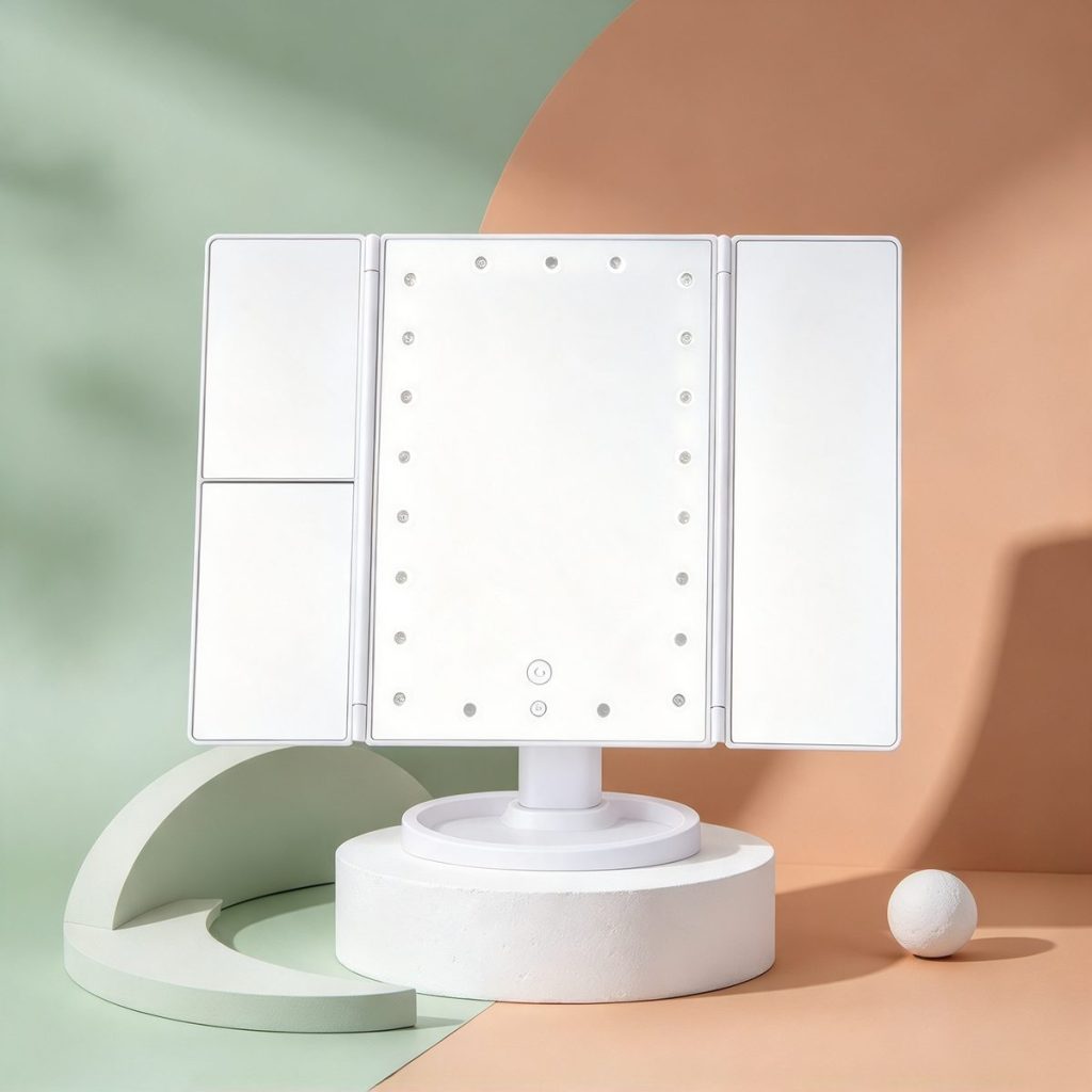 TCMM-10 tri-fold LED mirror on a plaster plinth against sage and terracotta