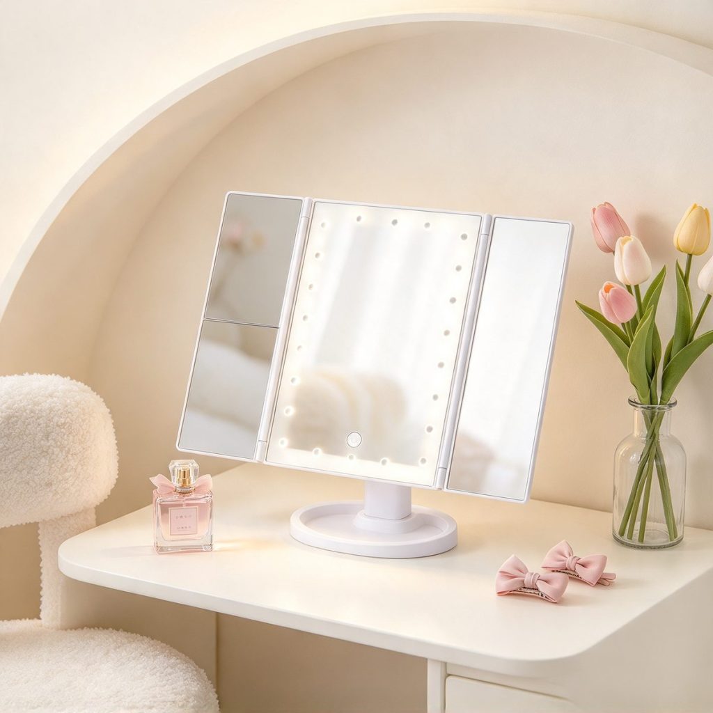 TCMM-10 tri-fold LED mirror on a cream-colored dressing table with tulips