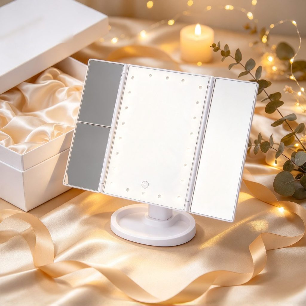 TCMM-10 tri-fold LED mirror in a holiday gift setting