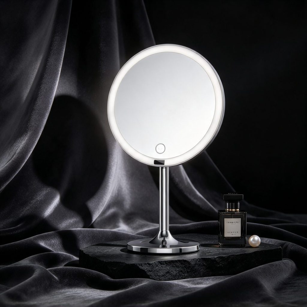 TCMM-F1 LED ring light mirror lit on black stone against dark velvet