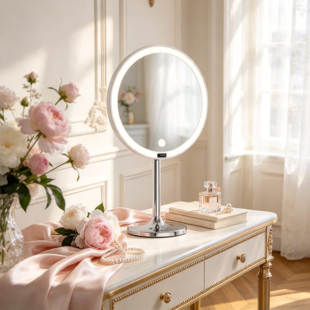 TCMM-F1 ring light mirror on a French-style dressing table with peonies