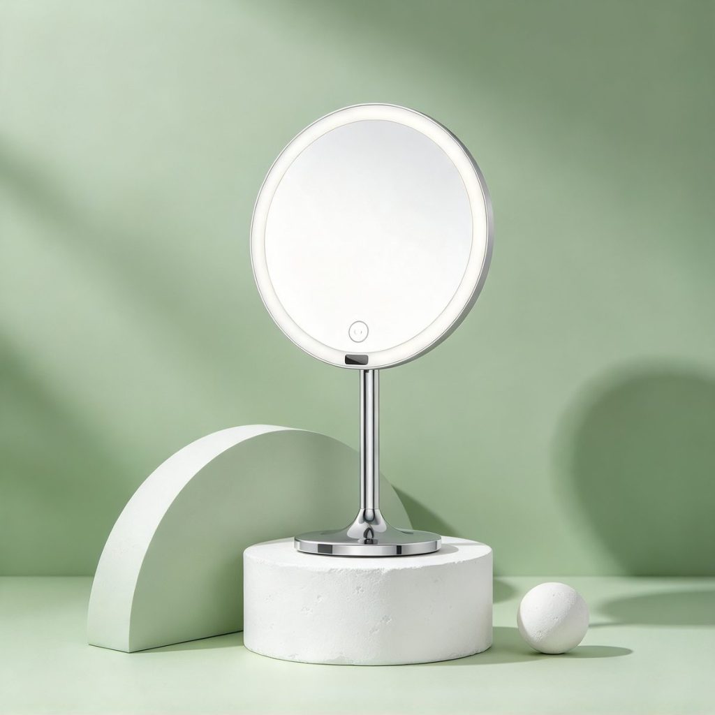 TCMM-F1 ring light mirror on a plaster plinth against a sage-green backdrop