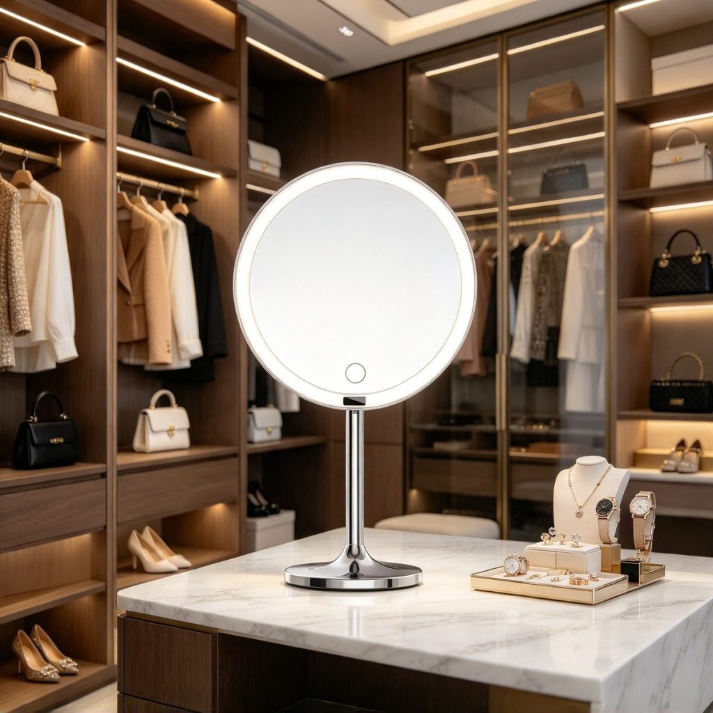 TCMM-F2 LED ring light mirror on a marble island in a walk-in closet