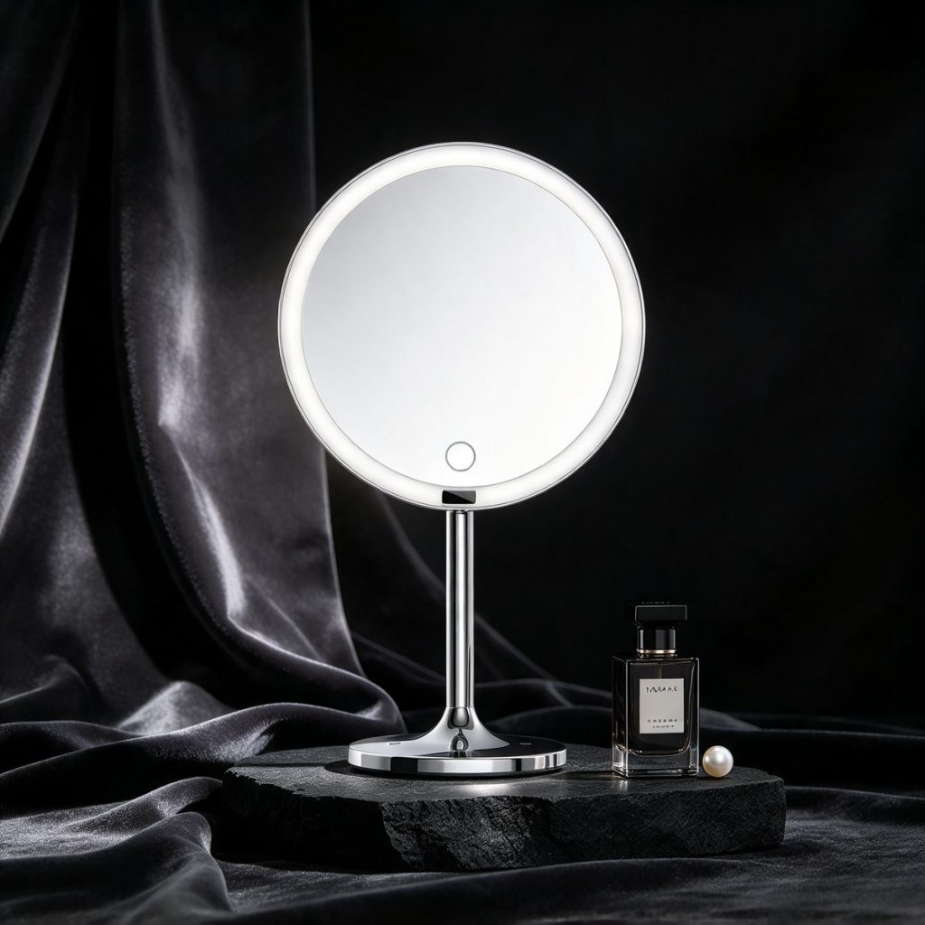 TCMM-F2 ring light mirror lit on black stone against dark velvet