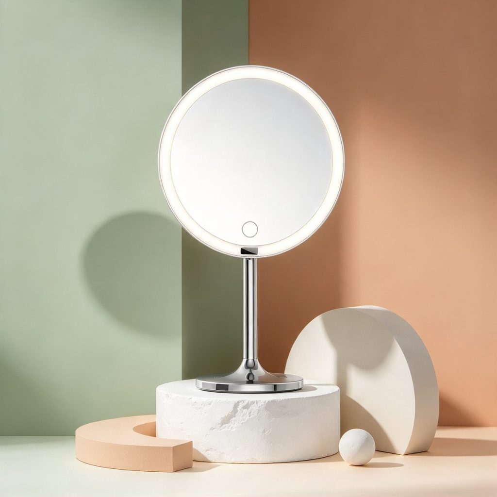 TCMM-F2 ring light mirror on a plaster plinth against sage and terracotta