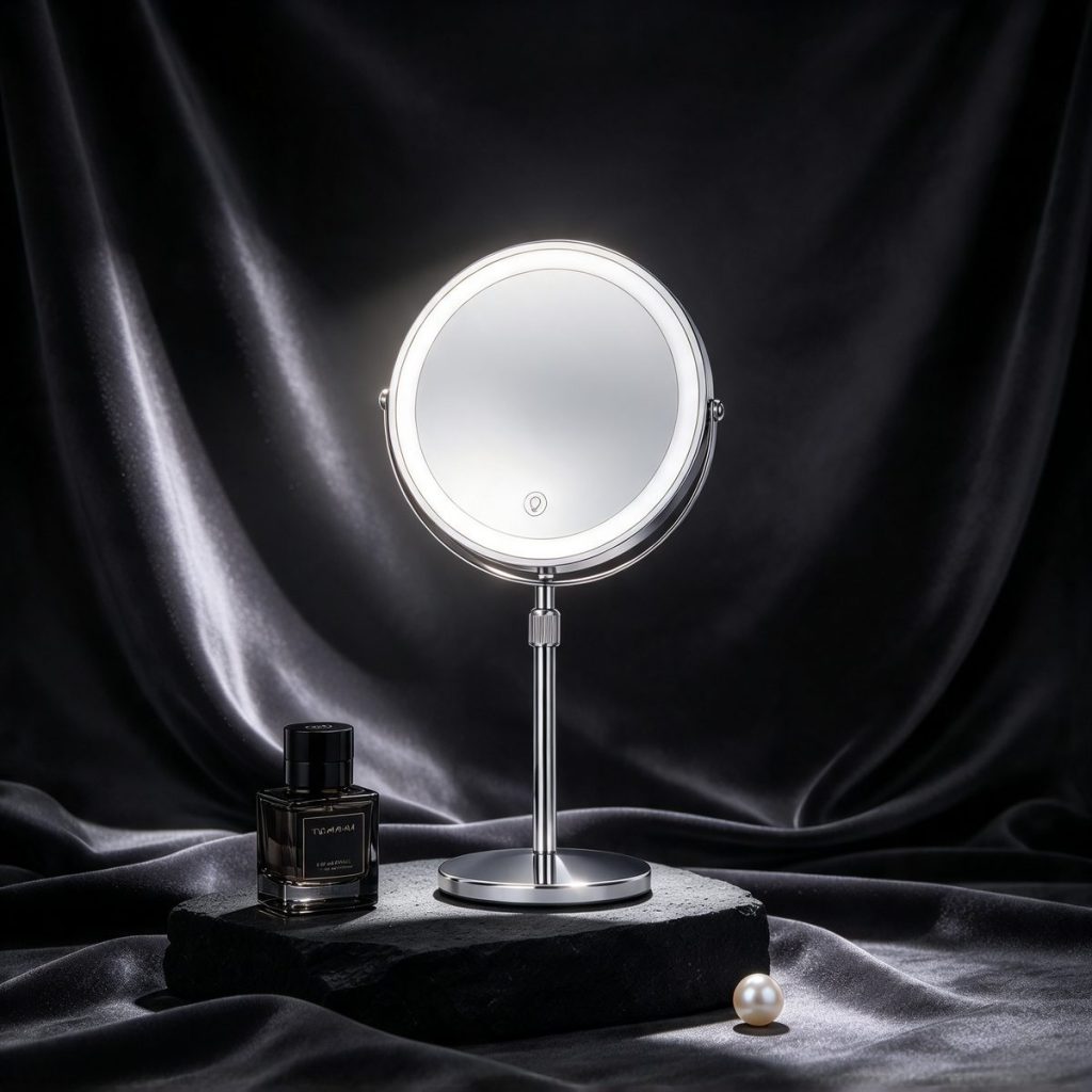 TCMM-M1 chrome LED makeup mirror lit on black stone against dark velvet
