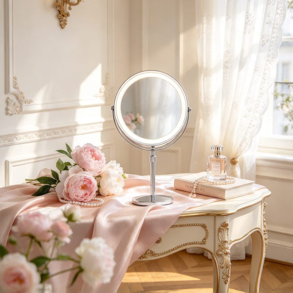 TCMM-M1 LED makeup mirror on a French-style dressing table with peonies