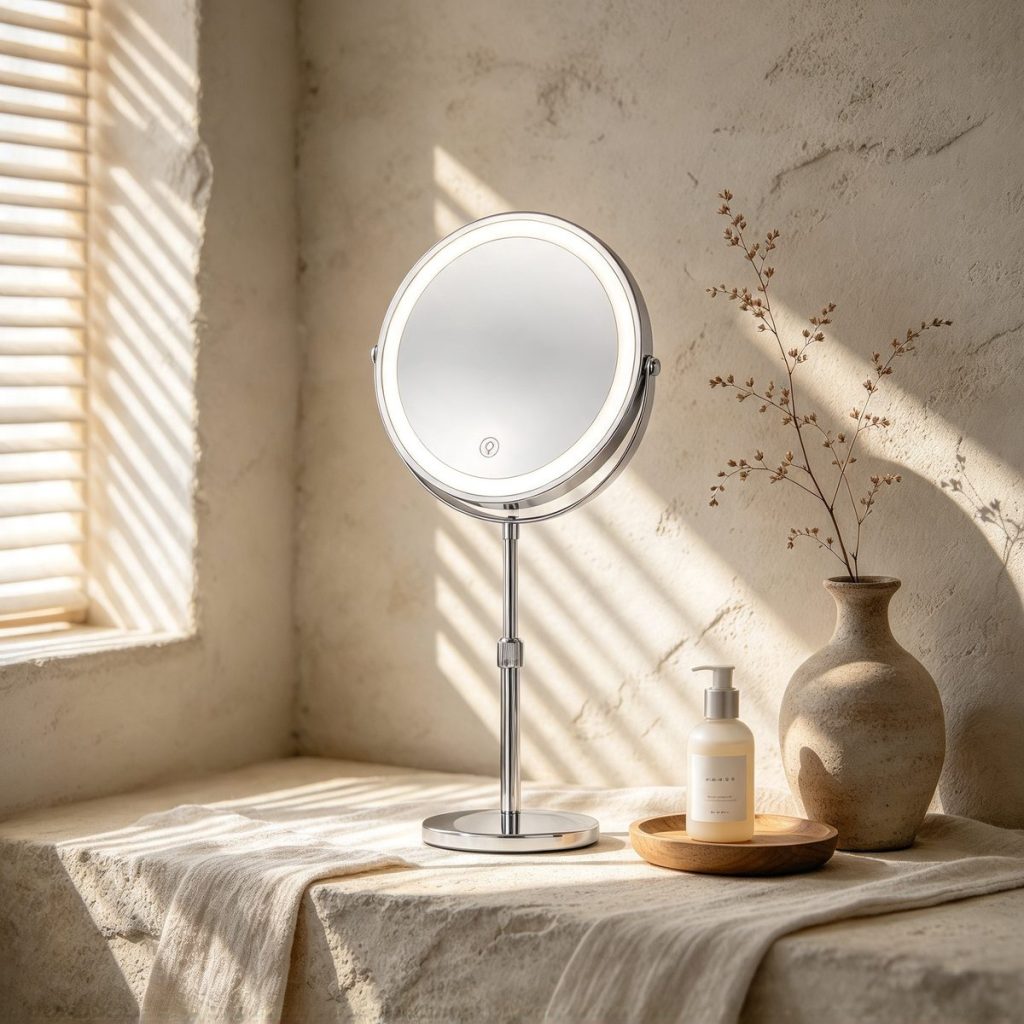 TCMM-M1 LED makeup mirror on a travertine counter in slatted window light