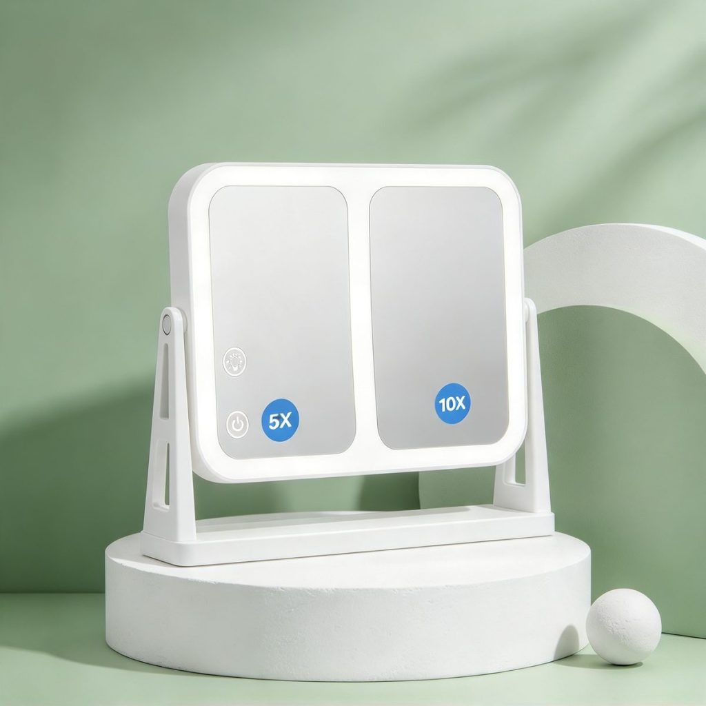TCMM-Q20 dual-panel vanity mirror on a plaster plinth against a sage-green backdrop