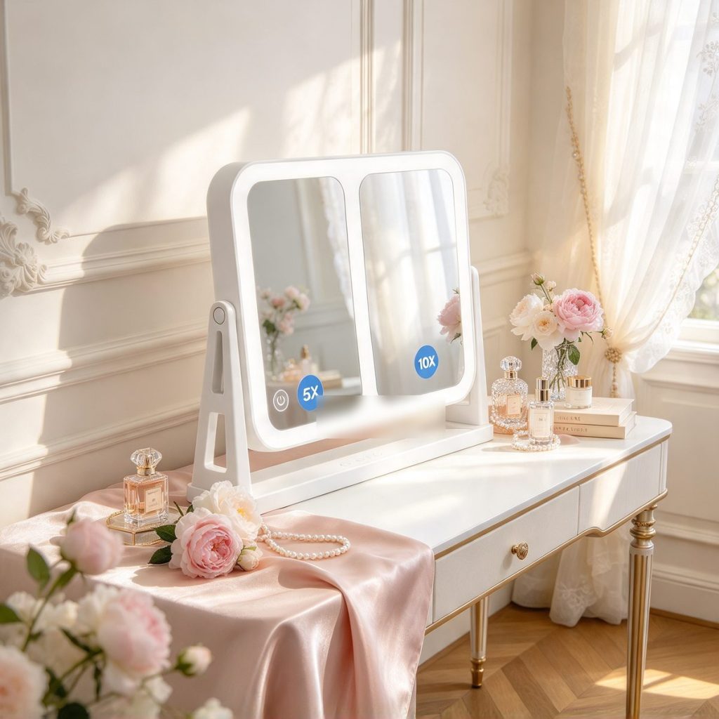 TCMM-Q20 dual-panel vanity mirror on a French-style dressing table