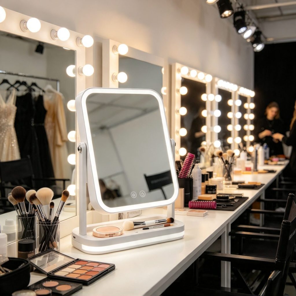 TCMM-Q30 vanity mirror with storage tray at a backstage makeup station