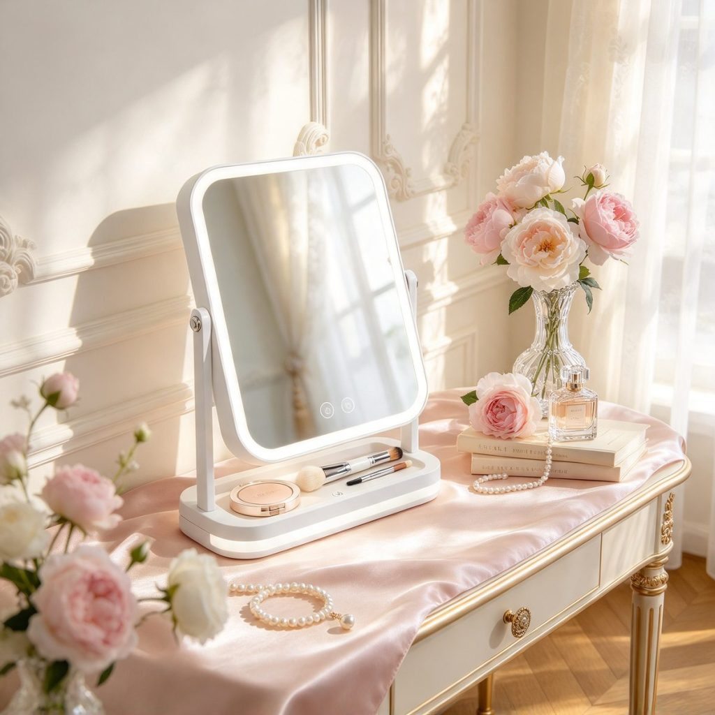 TCMM-Q30 vanity mirror on a French-style dressing table with peonies