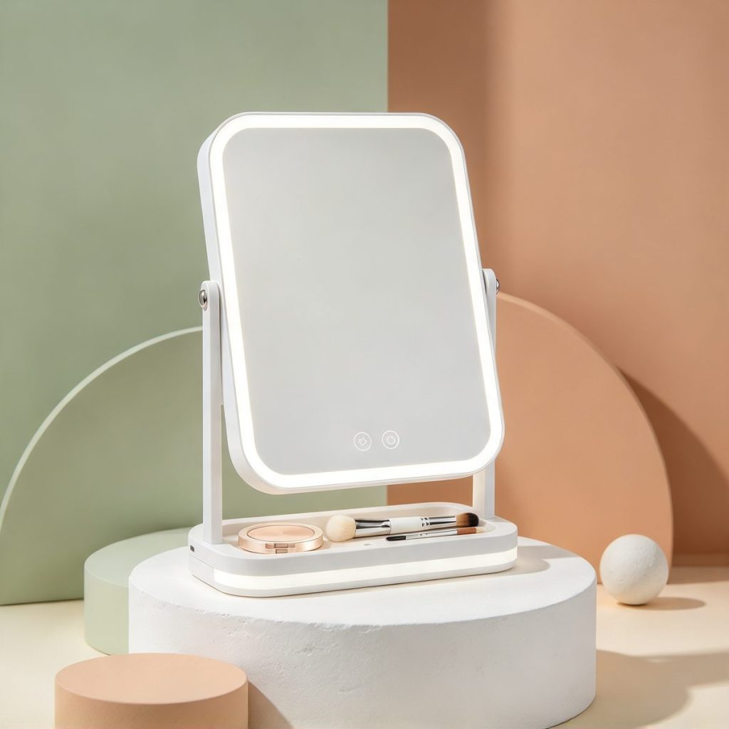 TCMM-Q30 vanity mirror on a plaster plinth against sage and terracotta