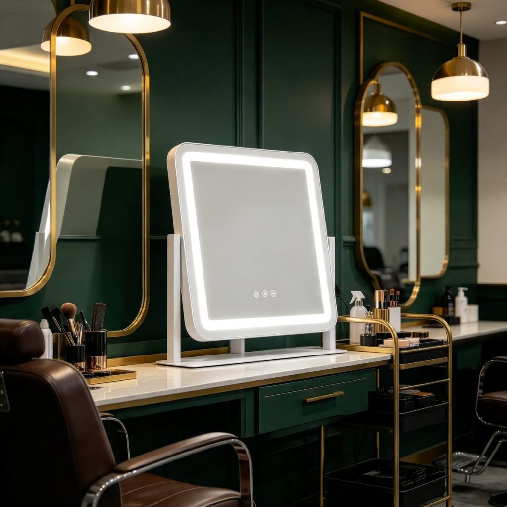 TCMM-Q35-1 vanity mirror at a dark-green salon station with brass details
