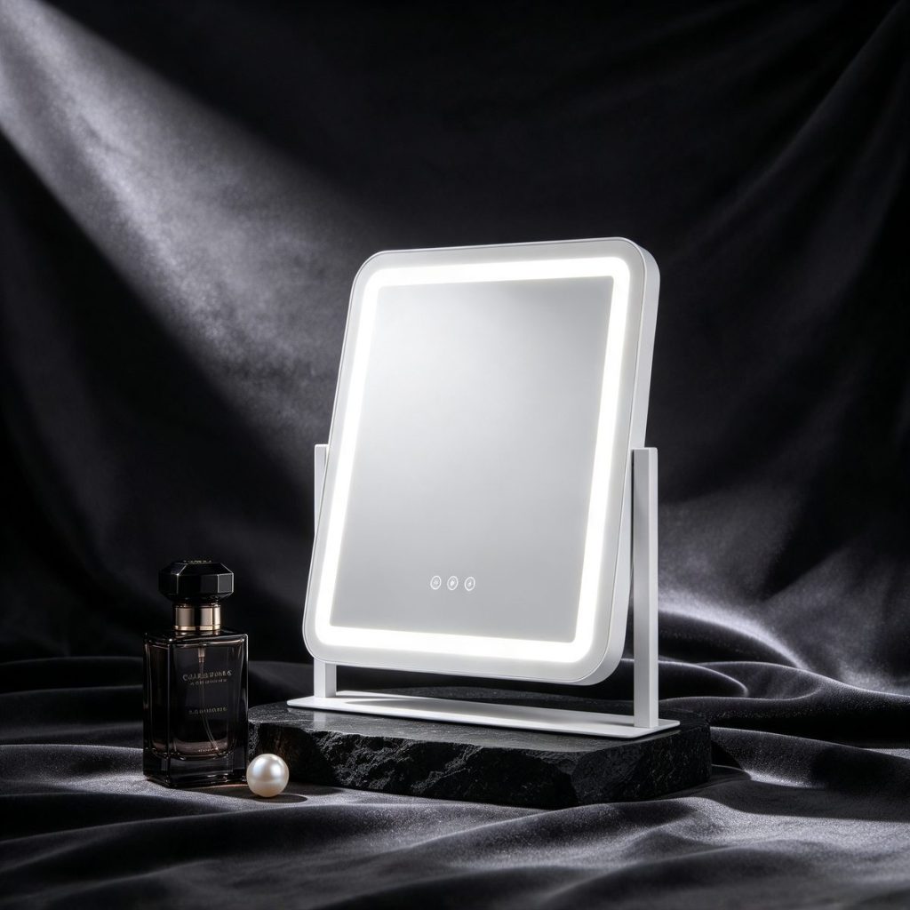 TCMM-Q35-1 LED vanity mirror lit on black stone against dark velvet