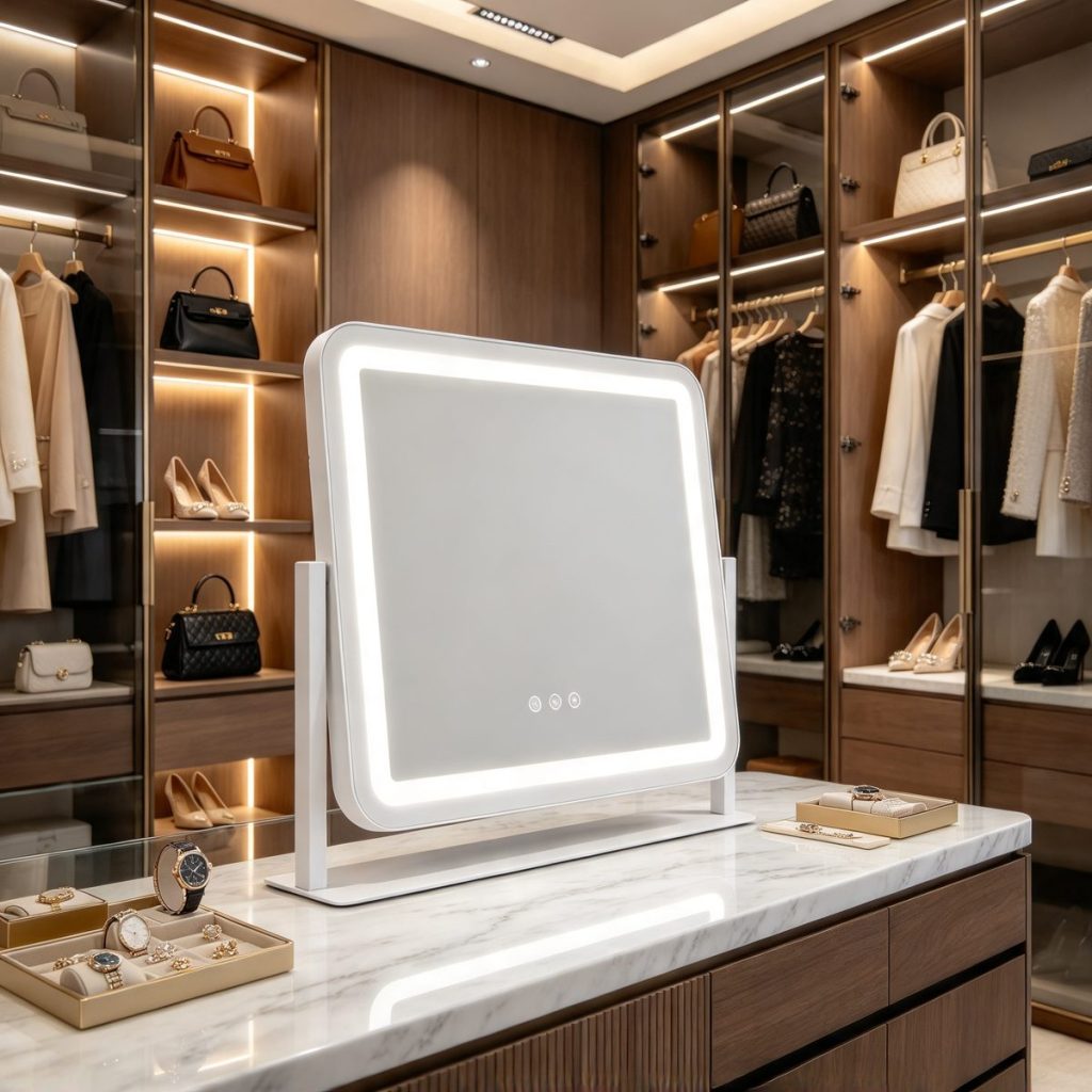 TCMM-Q35-1 vanity mirror on a marble island in a walk-in closet
