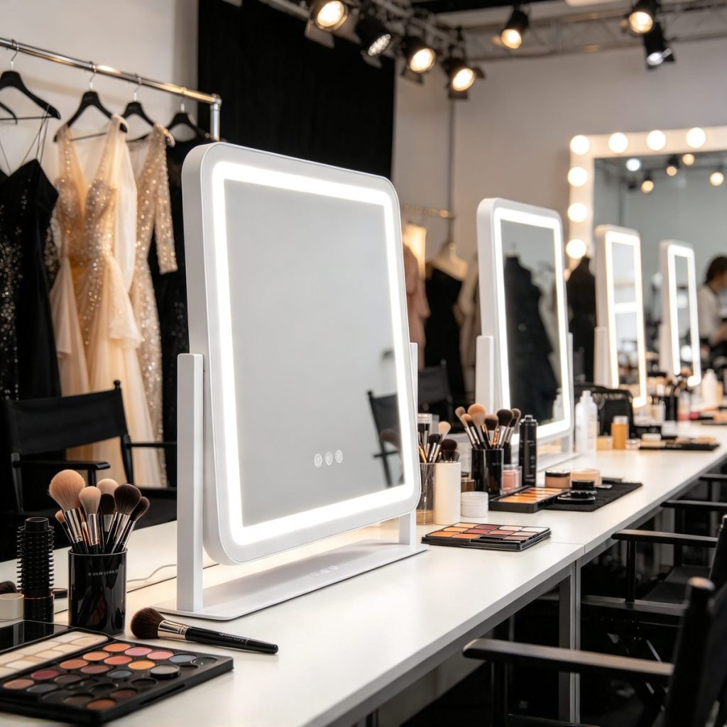 TCMM-Q35 landscape LED vanity mirror at a fashion-week backstage makeup station