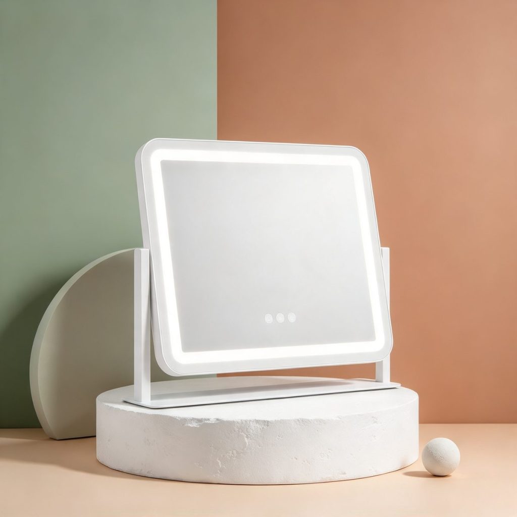 TCMM-Q35 vanity mirror on a plaster plinth against sage and terracotta