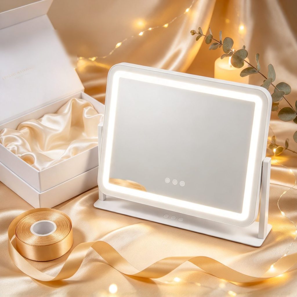 TCMM-Q35 LED vanity mirror in a holiday gift setting with satin