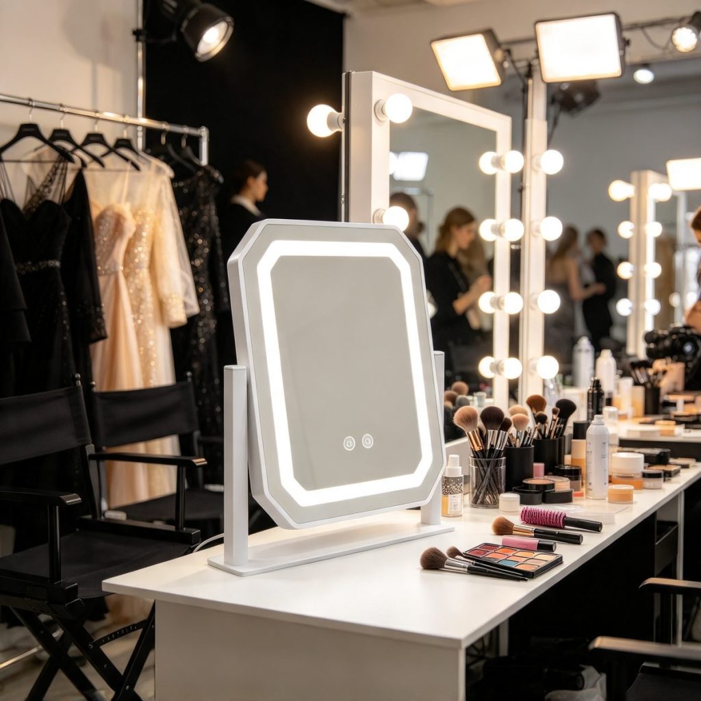 TCMM-Q6 octagonal LED vanity mirror at a fashion-week backstage makeup station