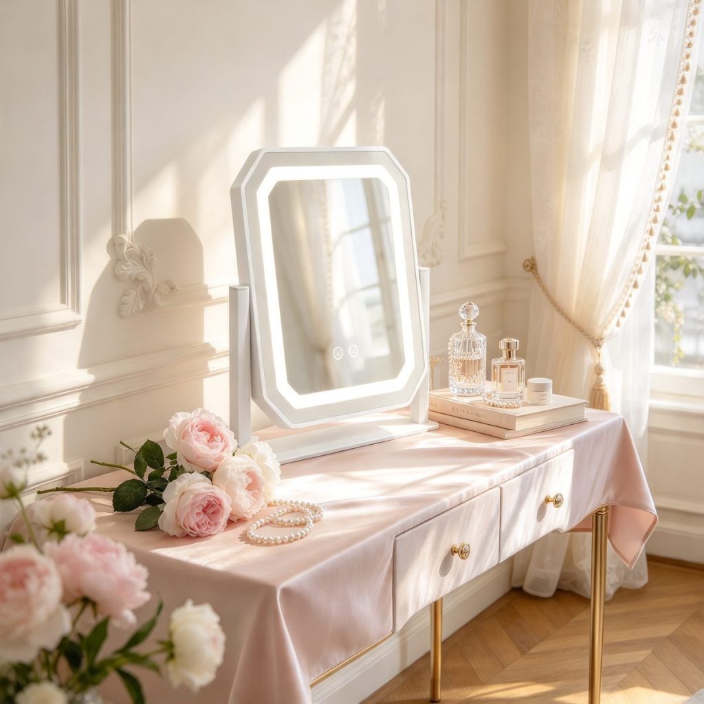 TCMM-Q6 vanity mirror on a French-style dressing table with peonies