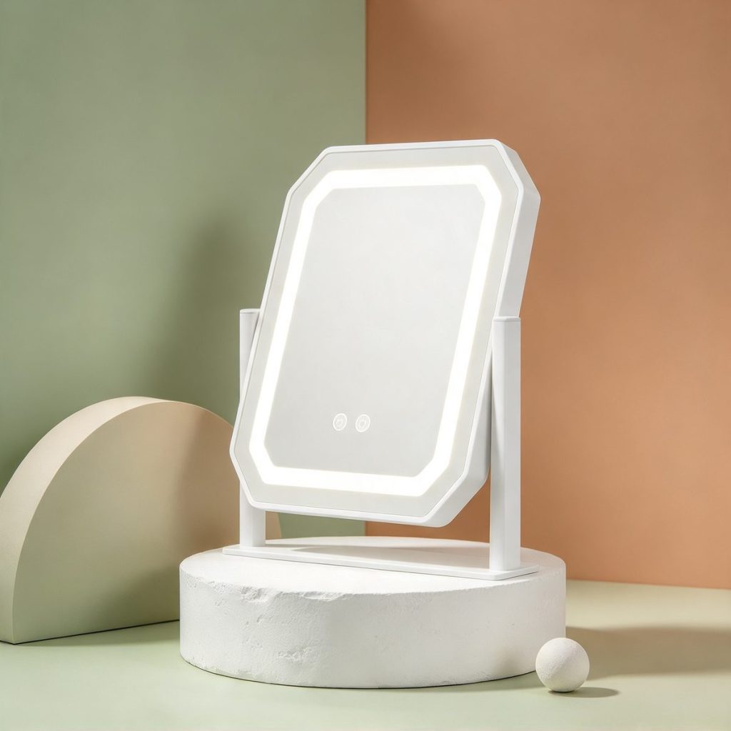 TCMM-Q6 octagonal vanity mirror on a plaster plinth against sage and terracotta