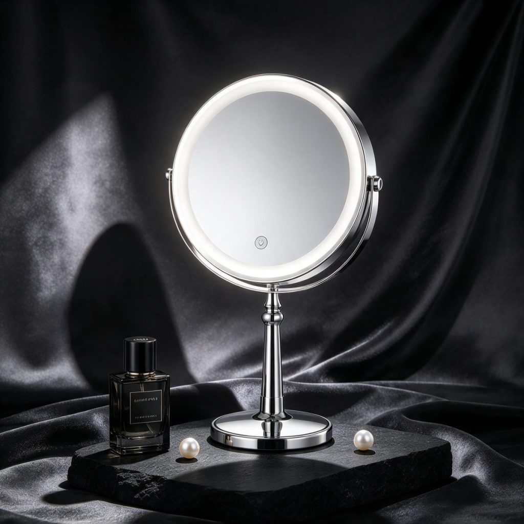 TCMM-R chrome LED makeup mirror lit on black stone against dark velvet