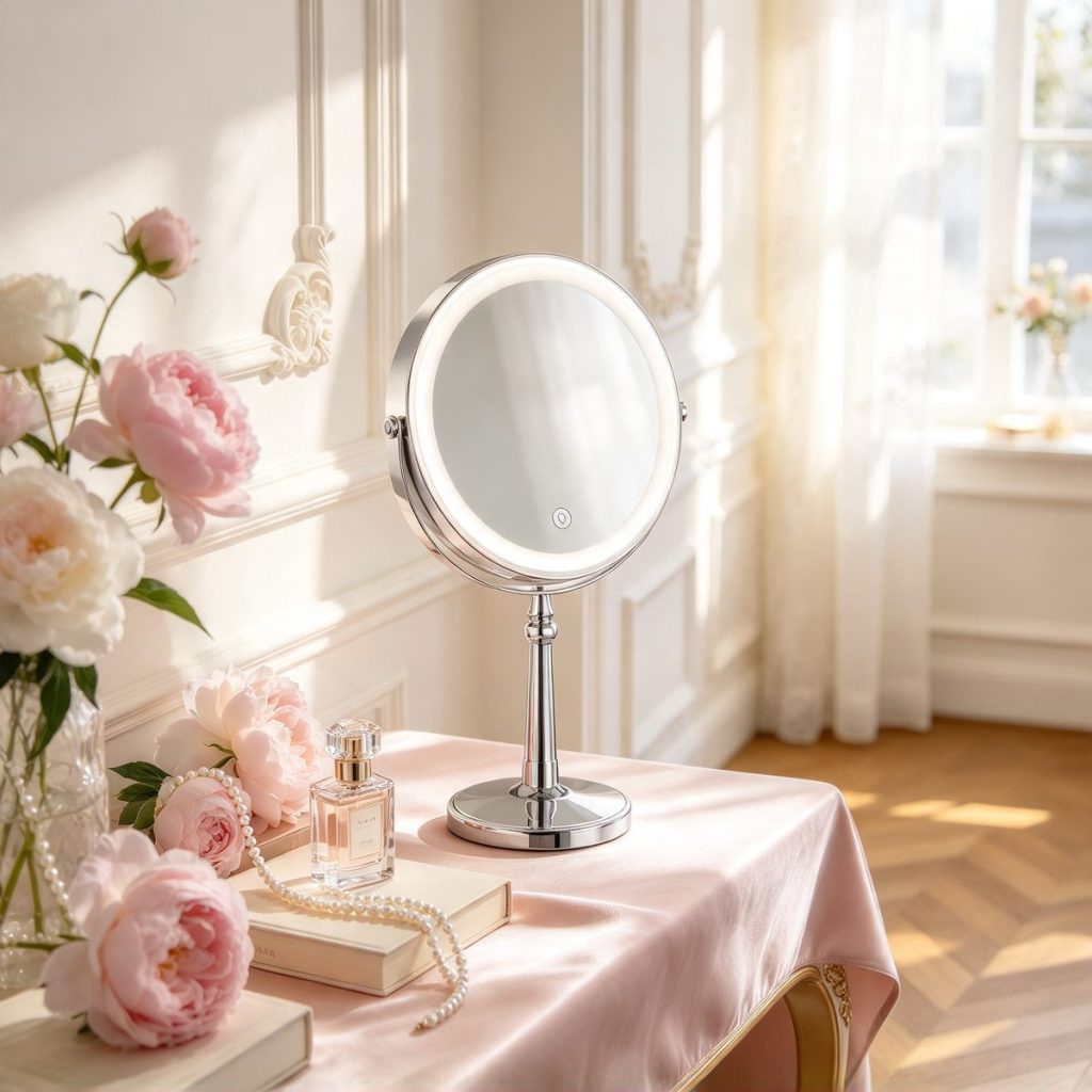 TCMM-R LED makeup mirror on a French-style dressing table with peonies