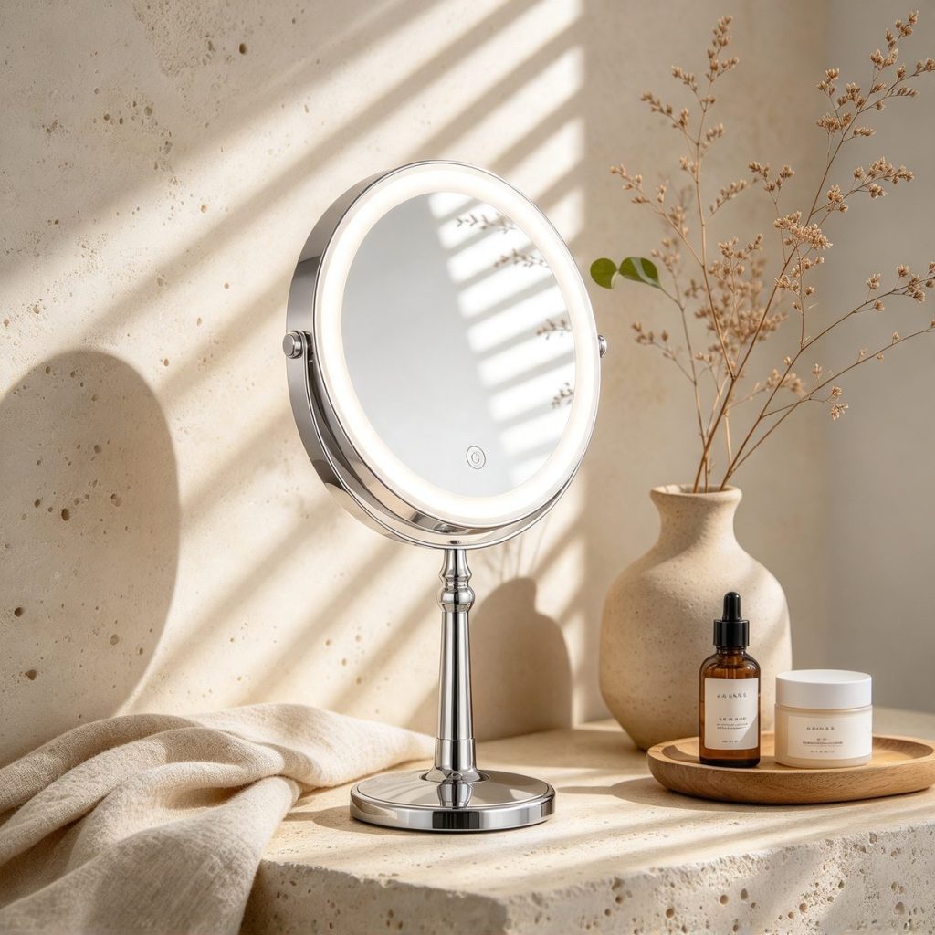 TCMM-R LED makeup mirror on a travertine counter in slatted window light